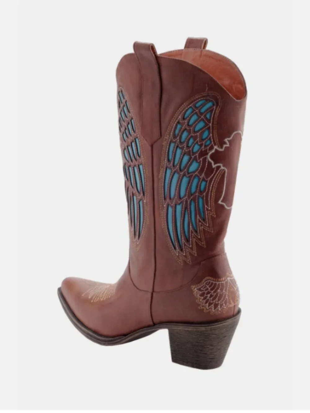New Women's Embroidered Cowboy Boots Angel Wings & Cross Genuine Leather Western